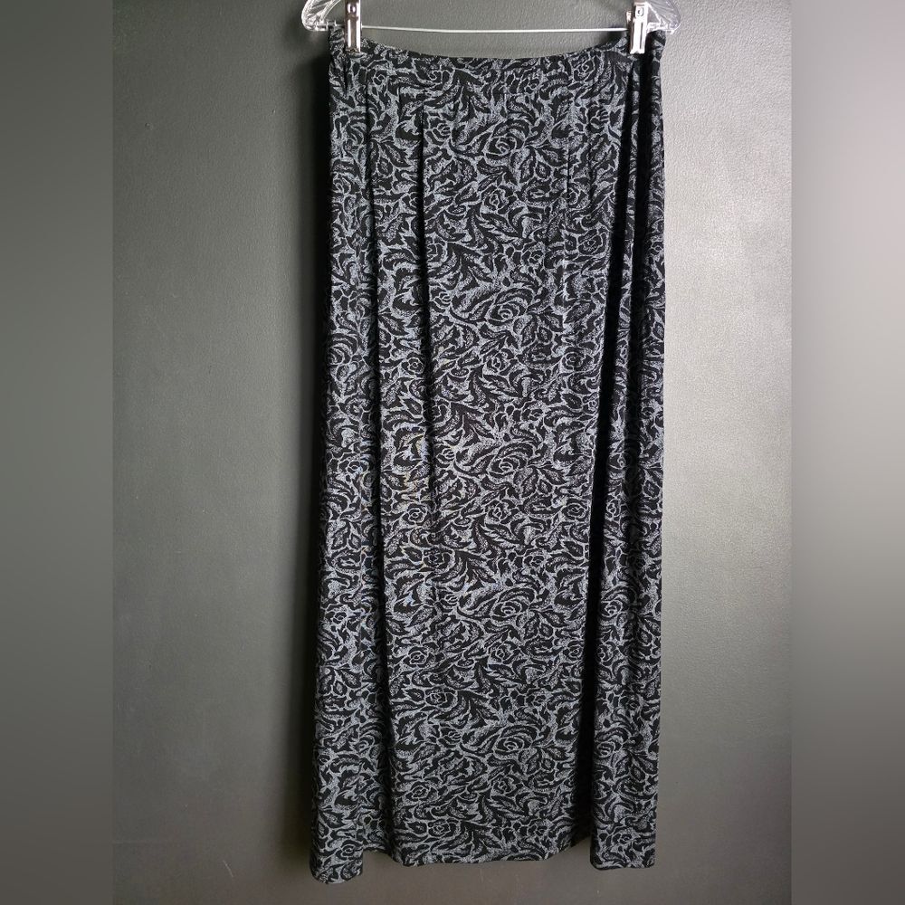 Vintage Kathy Ireland Maxi Skirt Women's Size L Black Floral Stretch Whimsigoth